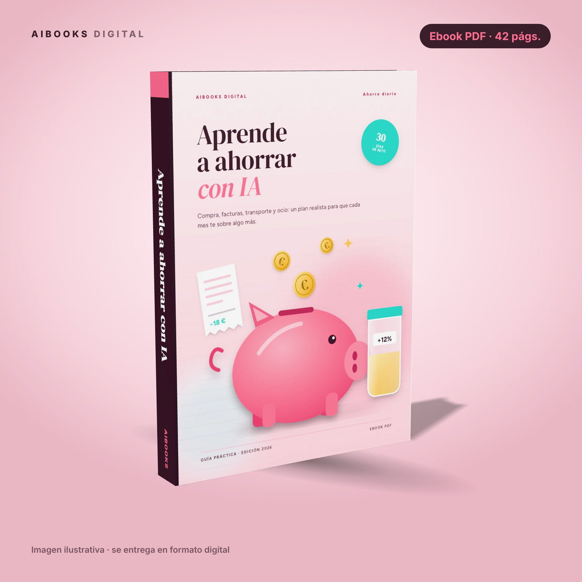 Aprende a ahorrar con IA · ebook en PDF, portada 3D