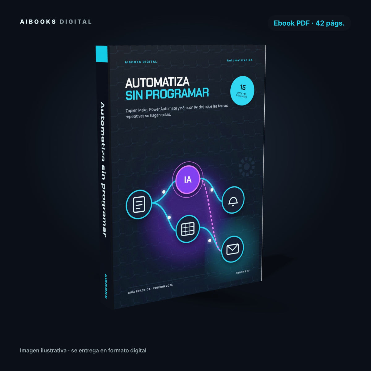 Automatiza sin programar · ebook en PDF, portada 3D