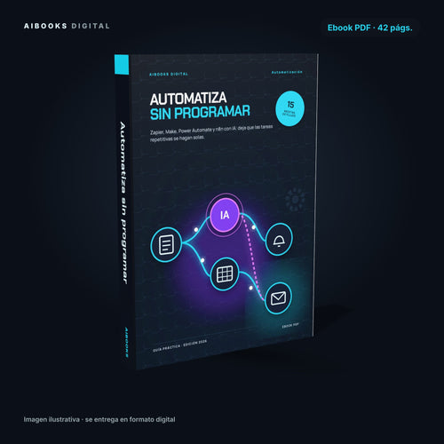 Automatiza sin programar · ebook en PDF, portada 3D