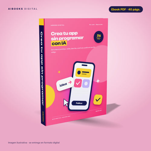 Crea tu app sin programar · ebook en PDF, portada 3D