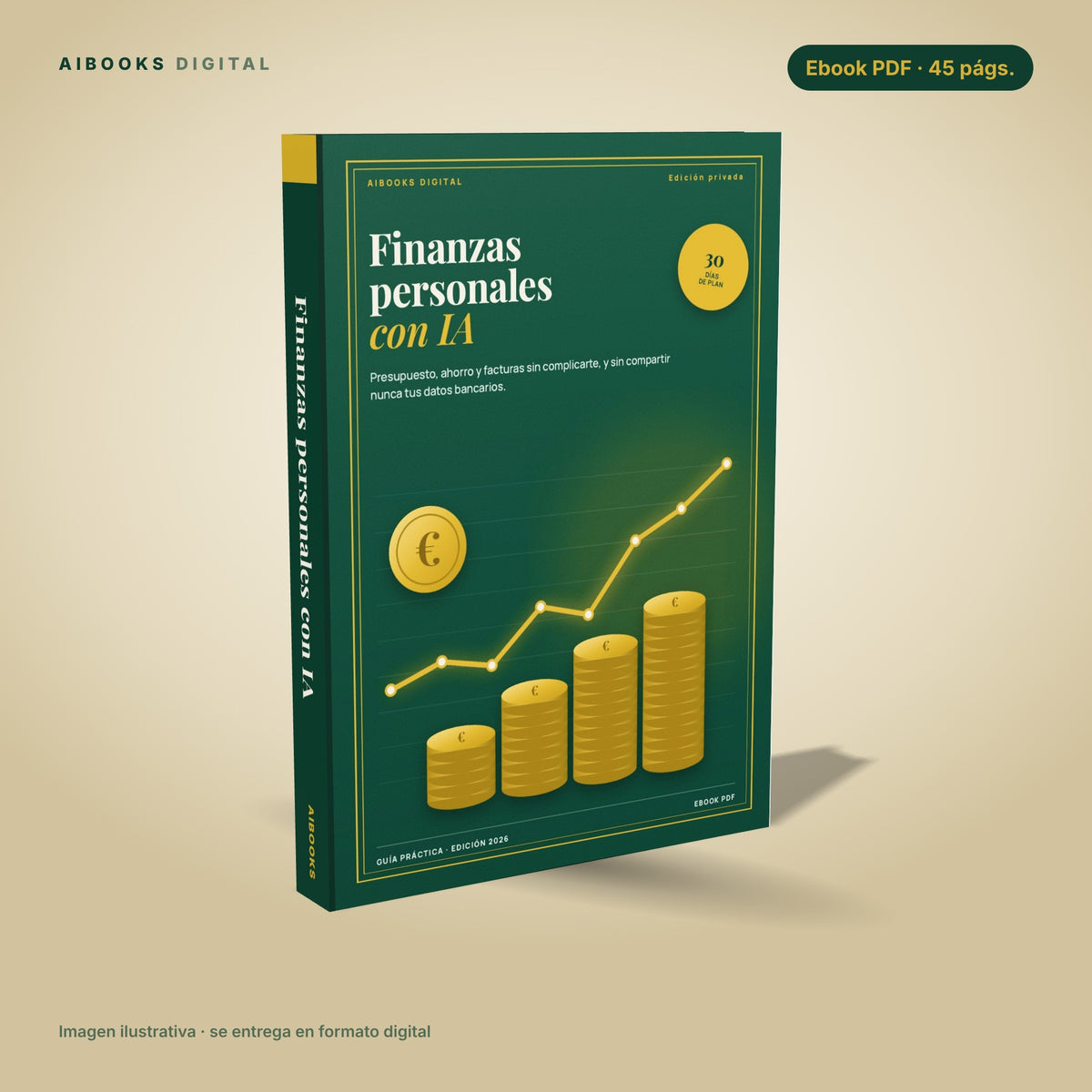 Finanzas personales con IA · ebook en PDF, portada 3D